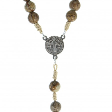 Saint Benoît rosary in jasper stone and beige rope