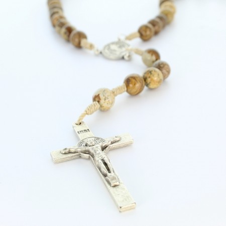 Saint Benoît rosary in jasper stone and beige rope