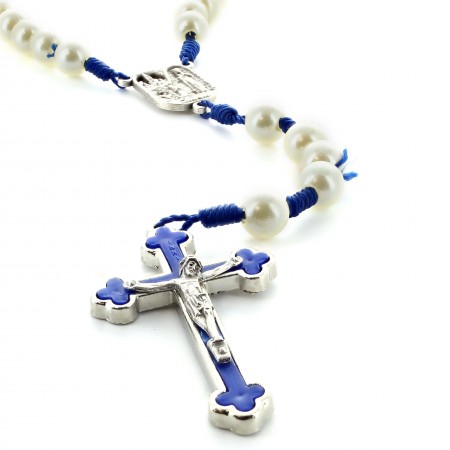 Chapelet de Lourdes perles nacrées sur corde bleue