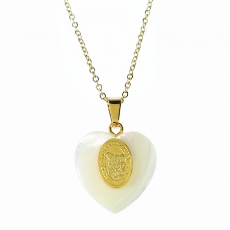 Gold chain with mother-of-pearl heart pendant and Saint Michael medal