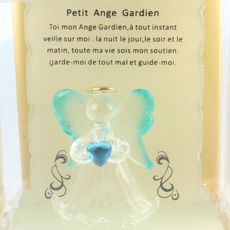 Small glass angel on stand with prayer