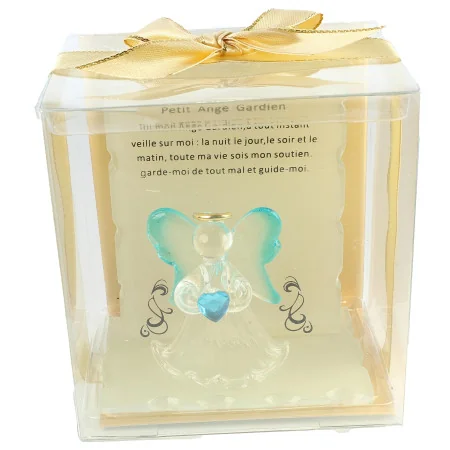 Small glass angel on stand with prayer