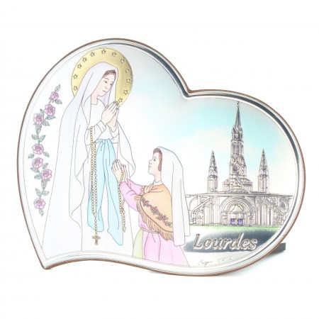 Cadre de l'Apparition de Lourdes en métal argenté et coloré 15x13cm