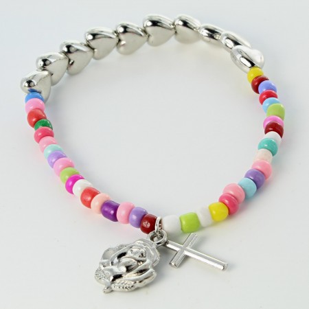 Multi-coloured pearls and hearts bracelet