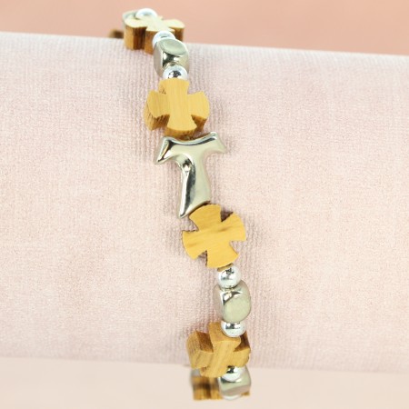 Bracelet élastique avec perles en bois d'olivier et croix