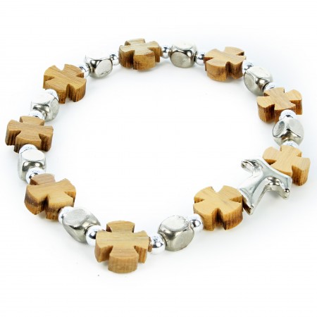 Bracelet élastique avec perles en bois d'olivier et croix