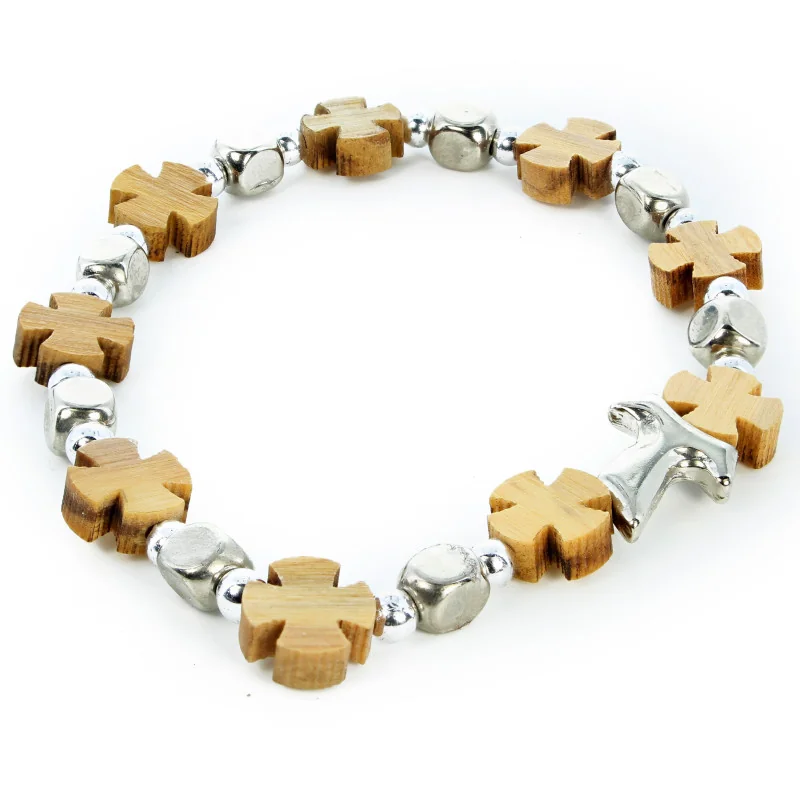 Elastic bracelet with olive wood beads and cross
