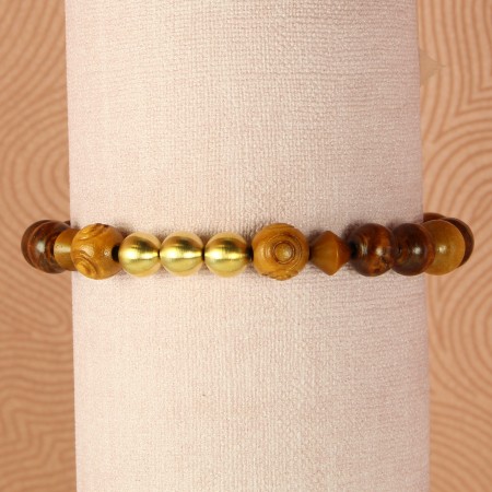 Wood, brass and gold cross bracelet