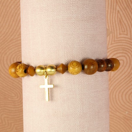 Bracelet bois, laiton et croix dorée
