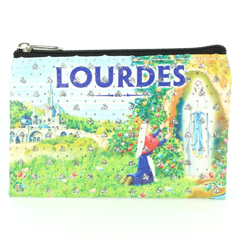 Porte-monnaie rectangulaire avec Zip strass et image de Lourdes