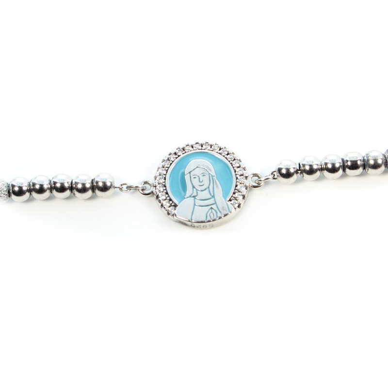 Silver bracelet with medal of the blue virgin and rhinestones