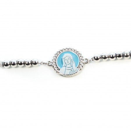 Silver bracelet with medal of the blue virgin and rhinestones