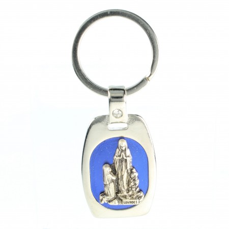 Keyring of the Apparition of Lourdes in metal and blue background
