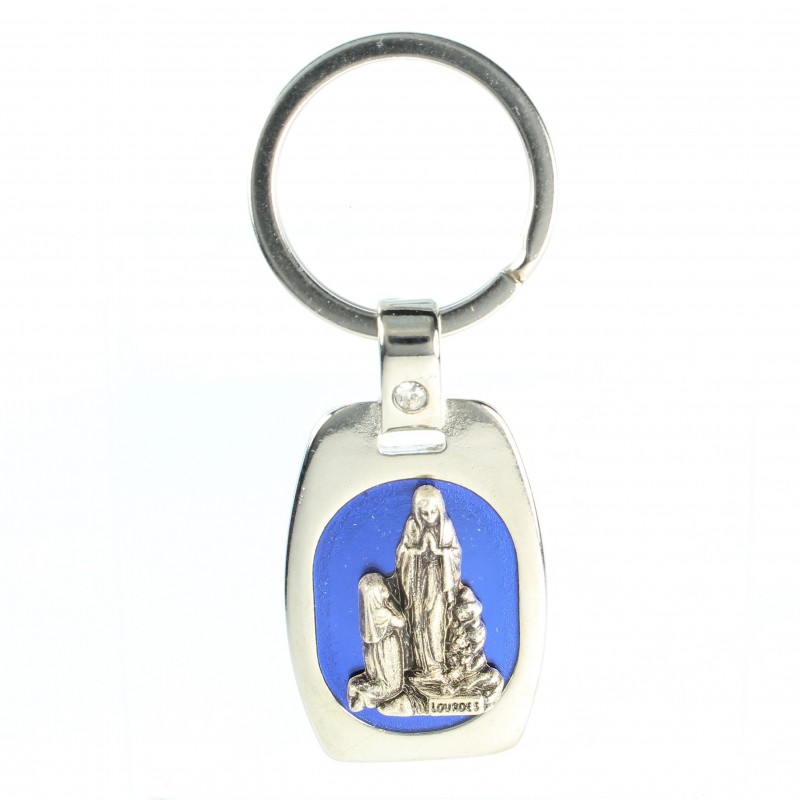 Portachiavi dell'Apparizione di Lourdes in metallo e sfondo blu