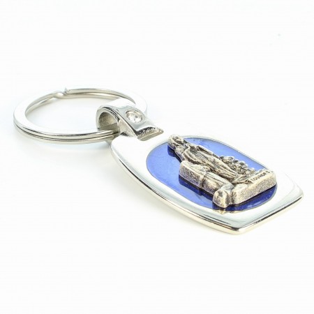 Porte-clé de l'Apparition de Lourdes en métal et fond bleu