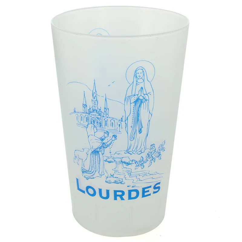 Plastic cup decorated with the Apparition of Lourdes