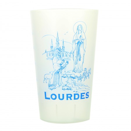 Plastic cup decorated with the Apparition of Lourdes
