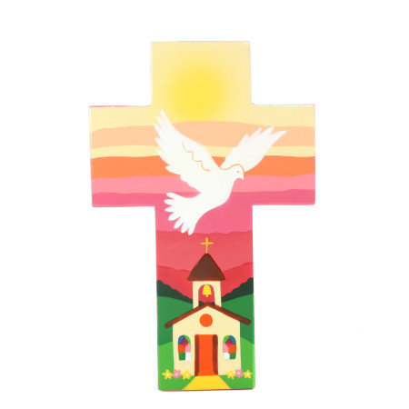 Crucifix Du Saint Esprit Avec Fond Vitrail Coloré - Croix Religieuse Métal Argenté Culte Chrétien