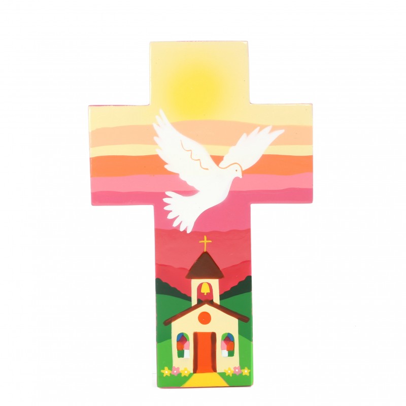 Croix pour enfant Colombe et Église 15 cm