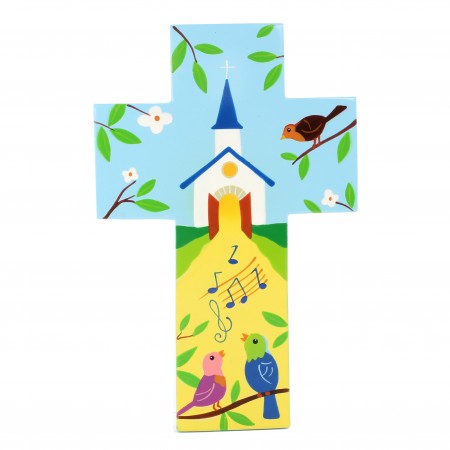 Croix enfantine Eglise et pinsons de 15cm