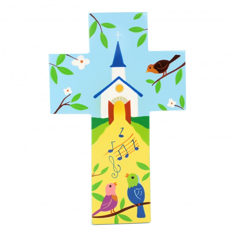 Croce per bambini Chiesa e fringuelli 15cm