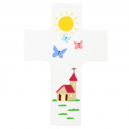 Croce per bambini Chiesa e farfalle 12cm