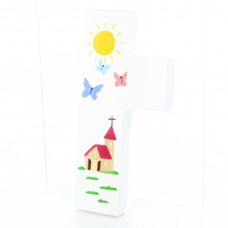 Croix enfantine blanche Eglise et Papillons de 12cm