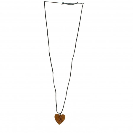 Necklace with engraved wooden angel heart pendant mounted on rope