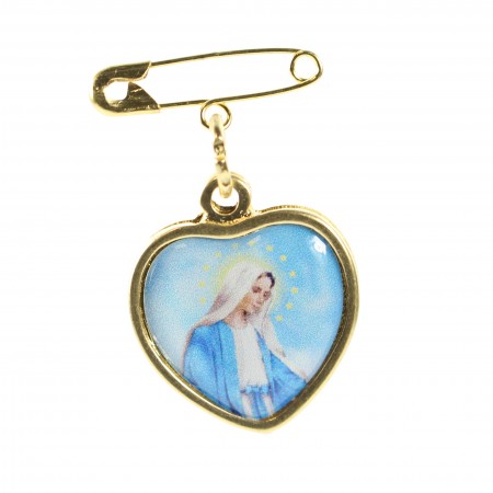 Spilla metallo dorato cuore Apparizione Lourdes e ritratto Madonna