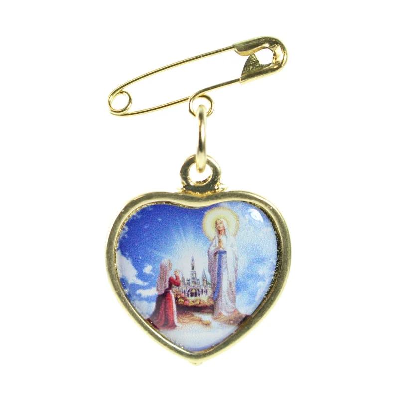 Spilla metallo dorato cuore Apparizione Lourdes e ritratto Madonna