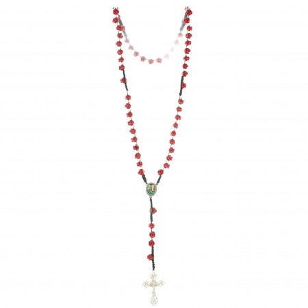 Lourdes rosary with red rose beads and Ave Maria heart