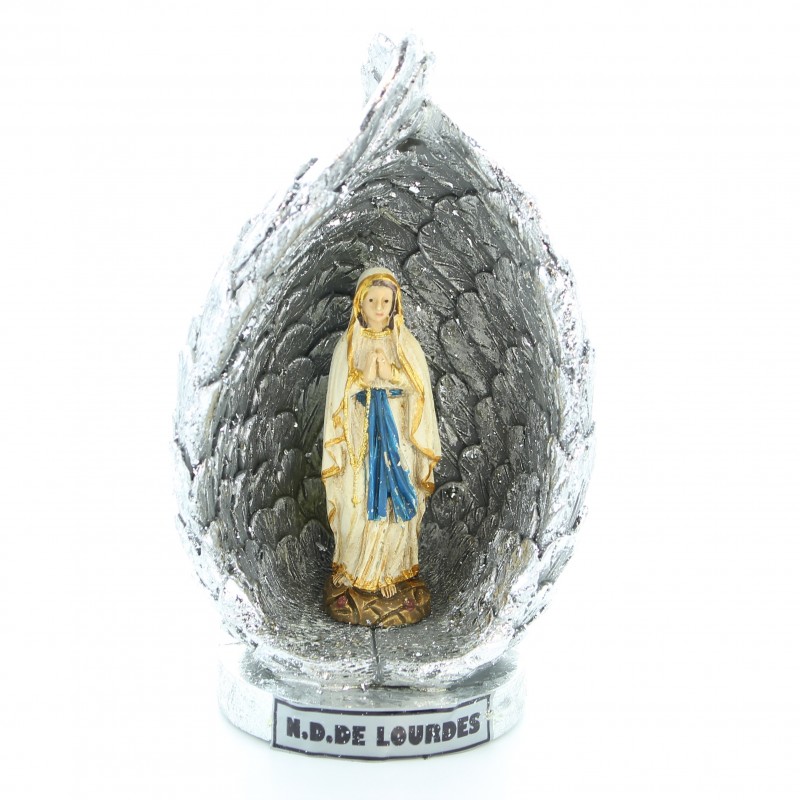 Statue de Notre Dame de Lourdes entourée d'ailes argentées en résine pailletée 12cm