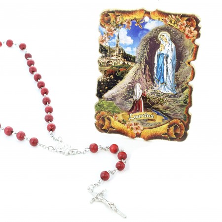 Wood and metal rosary with a frame of the Apparition of Lourdes 10x15cm