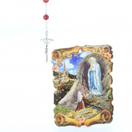 Chapelet en bois et métal avec un cadre de l'Apparition de Lourdes 10x15cm