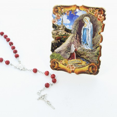 Wood and metal rosary with a frame of the Apparition of Lourdes 10x15cm