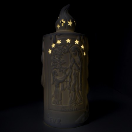 Lampada a candela in porcellana con raffigurazione della Madonna di Lourdes e di san Bernadette 20cm