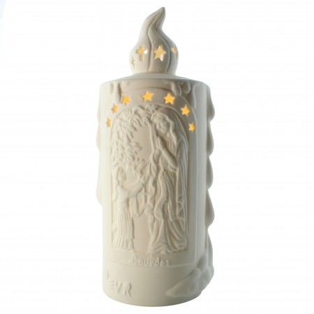 Lampe en porcelaine style bougie illustrée avec la Vierge de Lourdes et Sainte Bernadette 20cm