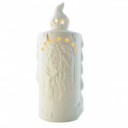 Porcelain candle style lamp illustrated with the Virgin of Lourdes and Saint Bernadette 20cm