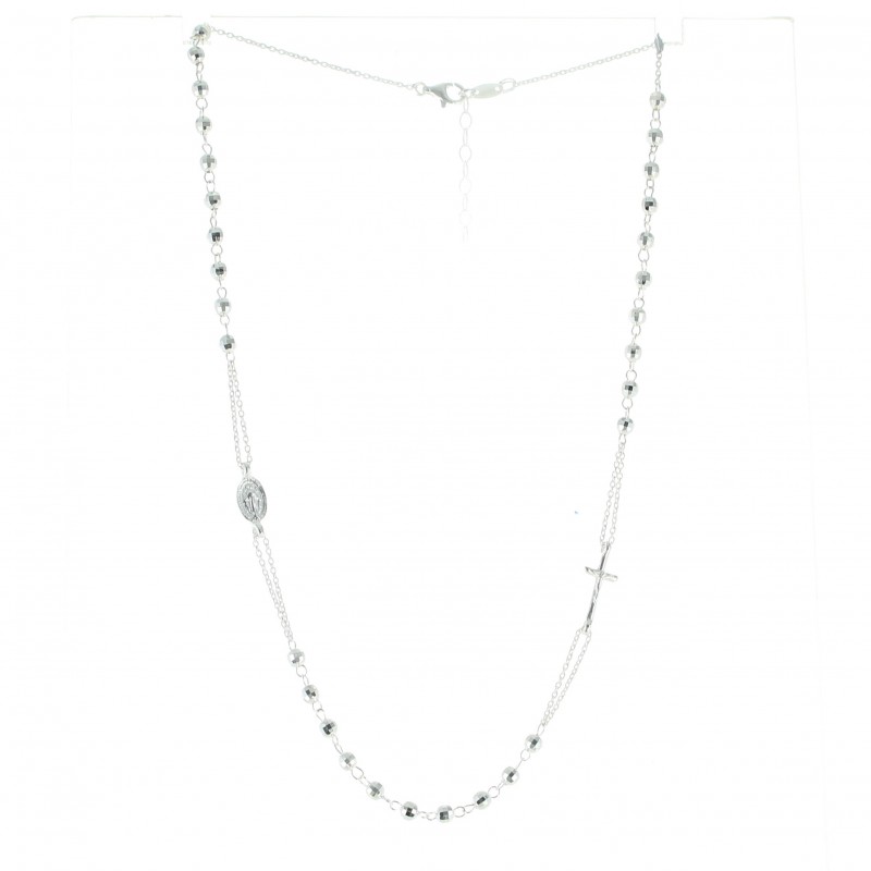 Silver rosary necklace with a Medal of Our Lady of Grace, a crucifix and 3 dozen faceted beads 4mm