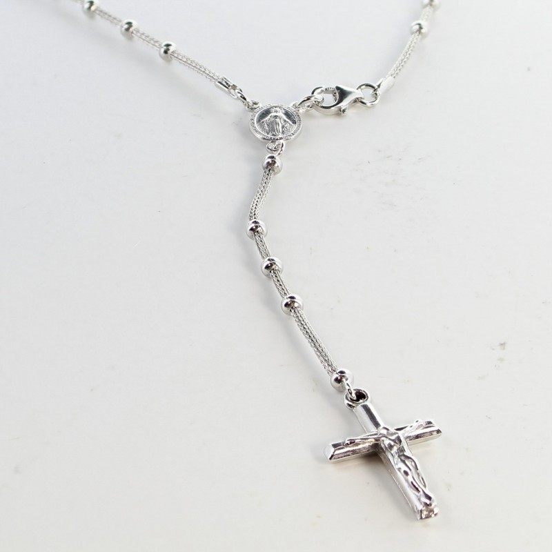 Rhodium-plated silver rosary and braided chain with Our Lady of Grace heart