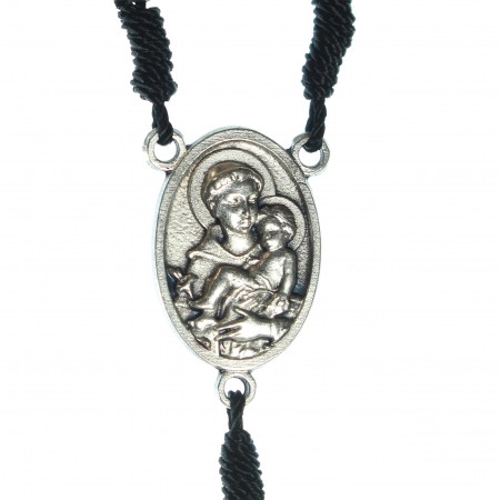 Rosario in legno nero di san Antonio con chiusura e motivi e cuore in metallo della Madonna e del Bambino