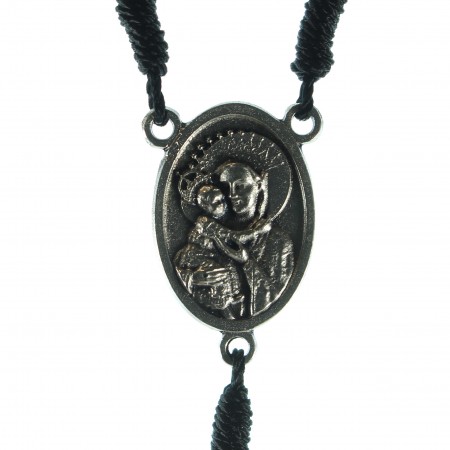 Black wooden rosary of Saint Anthony with clasp and patters and metal heart of the Virgin and Child