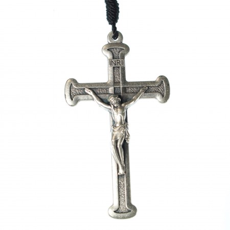 Rosario in legno nero di san Antonio con chiusura e motivi e cuore in metallo della Madonna e del Bambino