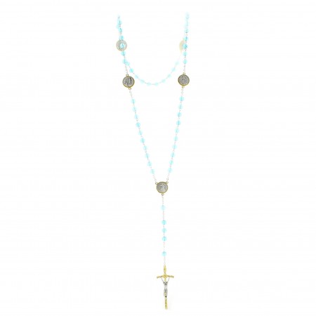 Rosario di Cristo Misericordioso con croce pastorale e grani di vetro blu, motivi e cuore in metallo bicolore