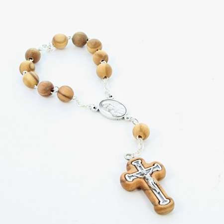 Rosario in legno d'ulivo con una Nostra Signora di Lourdes e un crocifisso e una catena di metallo