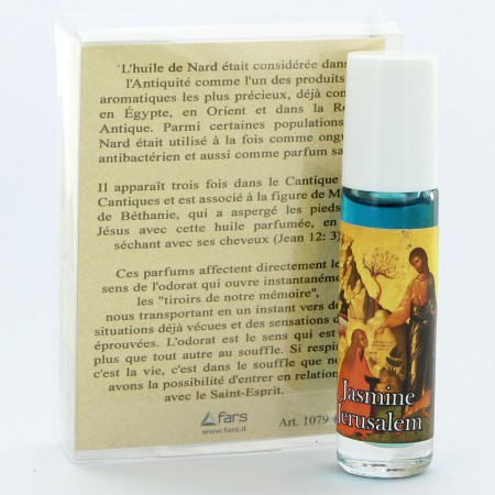 Roll-on all'olio essenziale di Gerusalemme Nardo con l'immagine della Madonna Miracolosa e fragranza di gelsomino