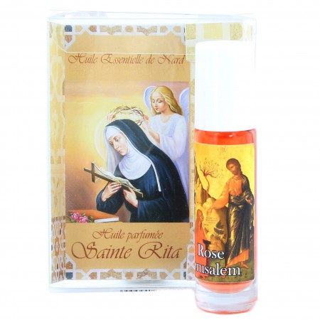 Huile essentielle de Nard de Jérusalem en roll-on à l'effigie de la Sainte Rita et parfum Rose