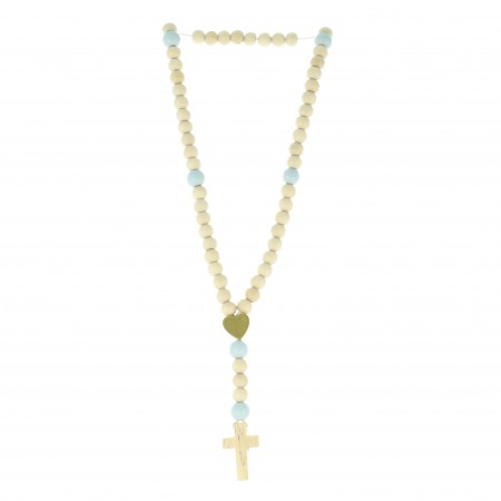 White wooden rosary for children golden heart centerpiece and blue pater