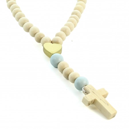 White wooden rosary for children golden heart centerpiece and blue pater