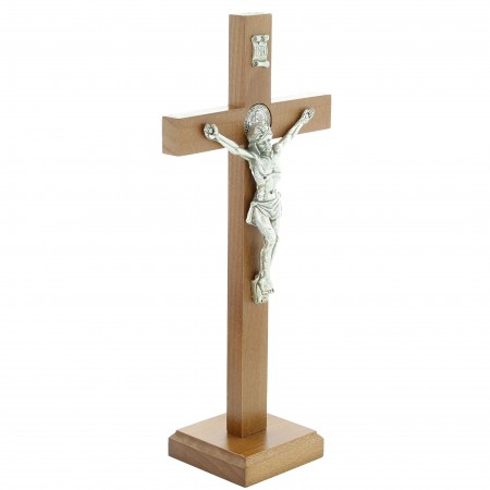 Croce di San Benoit di 26 cm su supporto in legno con Cristo in argento